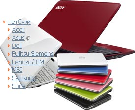 купить нетбуки Acer Aspire One, Asus EEE PC, Dell Inspiron Mini, Fujitsu-Siemens Amilo Mini Ui, Lenovo/IBM IdeaPad S10, MSI Wind U100, Samsung NC10, Sony Vaio VGN-P