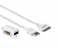 Car adapter iPhone/iPod/iPad 12 вход, USB 5V, 2,1А + кабель данных, белый